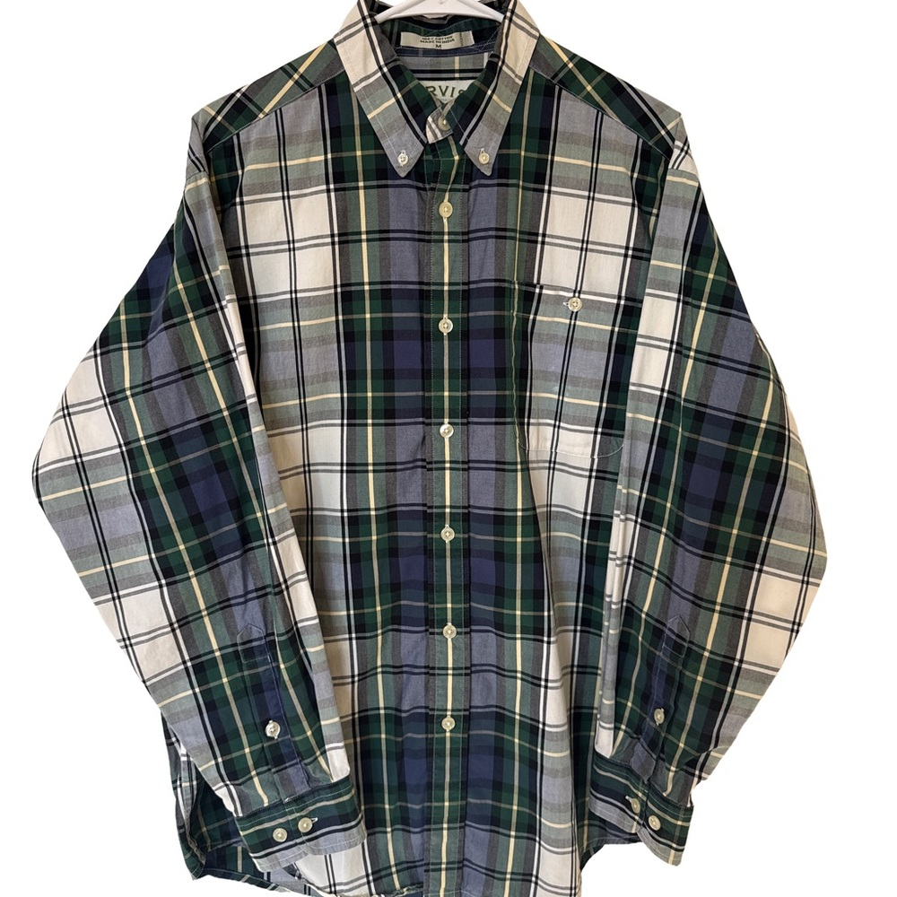 ORVIS Shirt Men's Medium Green Blue Casual Plaid Cotton Long Sleeve Button-Down